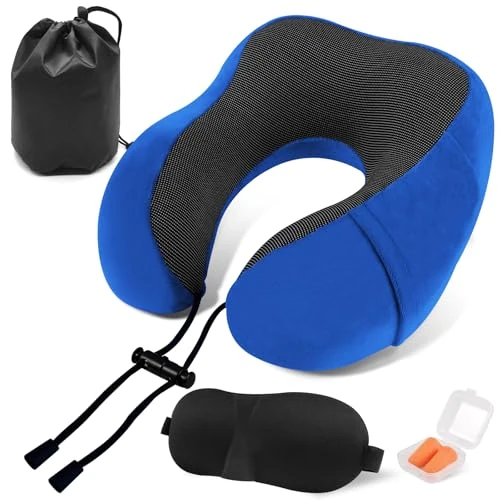 ARTREE Adult Memory Foam Neck Pillow with Earplugs, Eye Mask and Carry Bag, Soft Breathable for Travel, Camping, Office