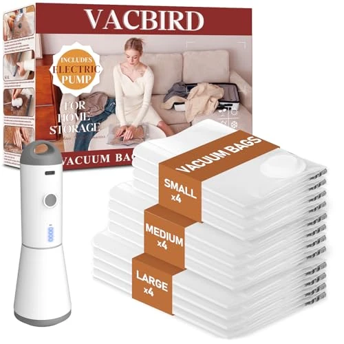 Offerta a tempo: Vacbird Sacchetti Sottovuoto Vestiti con Pompa Sottovuoto Senza Fili, 12 Pezzi (4 Grandi, 4 Medi, 4 Piccoli), Riutilizzabile Buste Sottovuoto Vestiti per Piumini, Cuscini, Maglioni - 5% da 29.99 € a 28.49 €