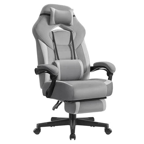SONGMICS Gaming Chair, Office Computer Chair, Ergonomic Design, with Footrest, Adjustable Headrest, Lumbar Support, 150 kg Load Capacity, Slate Grey and Dove Grey OBG077G03