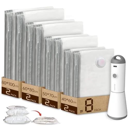 Vacbird Vacuum Bags for Clothes with Wireless Vacuum Pump, Pack of 8 (2 Extra Large, 2 Large, 2 Medium, 2 Small), Reusable Vacuum Bags Duvets, Mattresses, Blankets, Moving