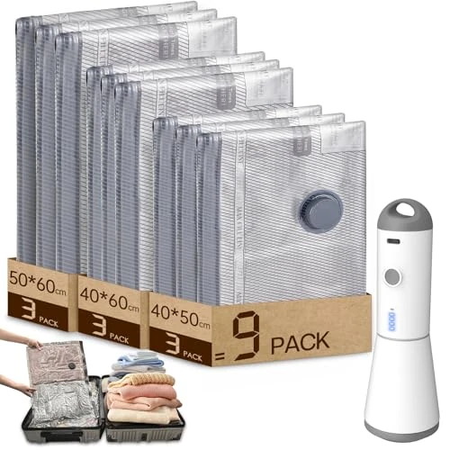 Vacbird Vacuum Bags Clothes with Wireless Vacuum Pump, 9 Pieces (3 x 40 x 50 cm, 3 x 40 x 60 cm, 3 x 50 x 60 cm), Reusable Vacuum Bags for Travel Clothes for Sweaters, Shirts, Travels