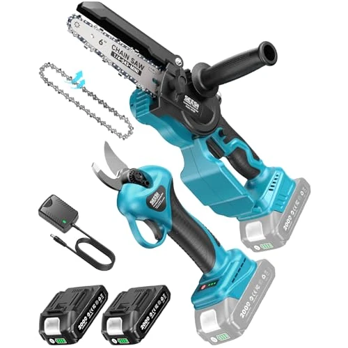 SEESII 6 Zoll Mini Kettensäge & 33 mm Elektrische Gartenschere, 2-in-1 Gartenwerkzeug Set mit 2×2000 mAh Akkus, Bürstenloser Motor, Ideal für Stamm und Astschnitt