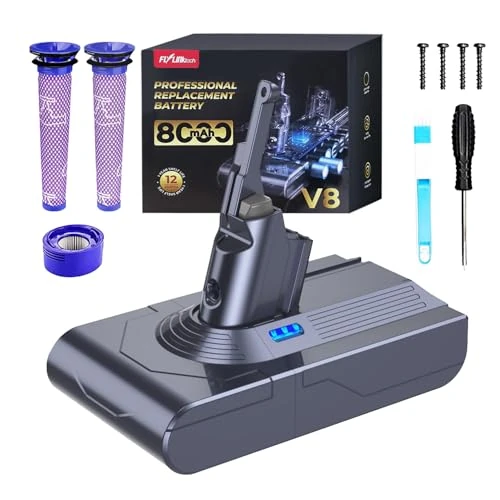 Batería FLYLINKTECH de 8000 mAh para Dyson V8, repuesto de batería Li-ion compatible con V8 Animal, Absolute, Fluffy, Parquet, SV10 – Con 3 filtros, cepillo y destornillador incluidos