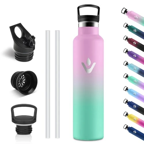 Vikastar Botella Termica, 1 Litro sin BPA, Botella Agua Acero Inoxidable, a Prueba de Fugas, Cantimplora, Reutilizable, Botella de Agua para Deporte, Oficina, Ciclismo, Gimnasio, Rosa & Verde