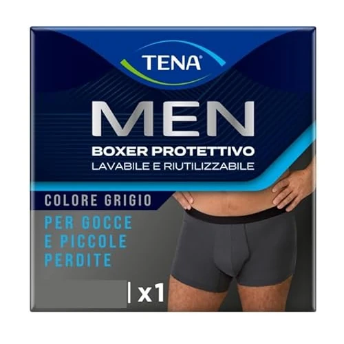 TENA Męskie bokserki ochronne wielokrotnego użytku, zaprojektowane z lekkimi kroplami i wyciekiem moczu, szybko wchłaniające się bokserki dla mężczyzn, szary, rozmiar S