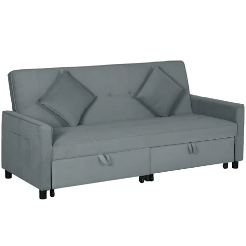 Offerta a tempo: HOMCOM Divano Letto 3 Posti Reclinabile con Braccioli, Divano 3 Posti Angolare Trasformabile in Tessuto con Letto Matrimoniale Estraibile, 2 Cuscini per Soggiorno e Salotto, 196x90x89 cm, Grigio - 0.00% da 459.95 € a 459.95 €