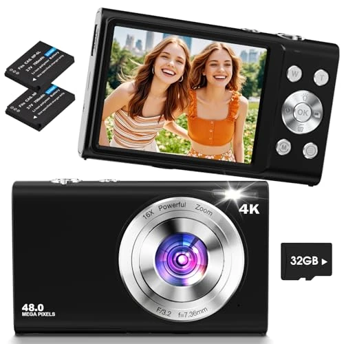 Digital Camera, Lecnippy 4K Autofocus Vlogging Camera with Memory Card 32G 16X Digital Zoom, 48MP Compact Digital Camera for Beginners (Black)
