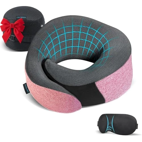 Limited offer: Proglobe Pink Airplane Travel Pillow Set, 100% Pure Memory Foam Neck Pillow, Updated Material, Long Haul Travel Kit with 3D Contoured Eye Masks, Earplugs, and Luxury Bag from 28.99 EUR to 21.55 EUR (save 26%)