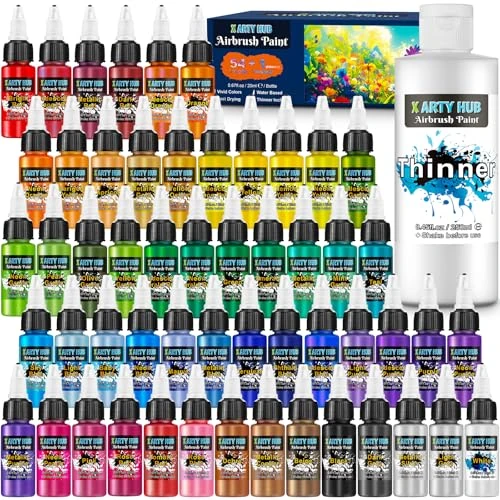 Offerta a tempo: X ARTY HUB Colori Aerografo - 54 Colori con 250 ml Diluenti, Colori Acrilici per Aerografo Modellismo Iridescenti, Neon e Metallici Pronti all'Uso, Set di Pittura a Base d'Acqua - 0.00% da 56.99 € a 56.99 €