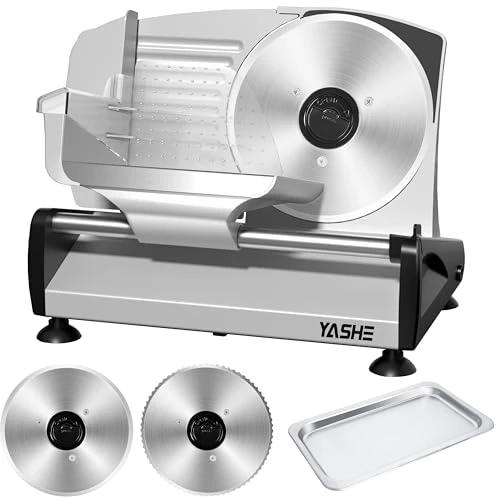 YASHE Electric Slicer with Silent DC Motor, Ham Slicer 200W, Dual 19cm Stainless Steel Blades, Adjustable Thickness 0-15mm, Ideal for Meat, Cheese, Bread and Vegetables