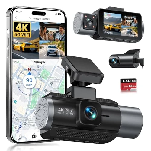 GKU Car Dash Cam, 4K+1080P+1080P Triple Car Camera, 3" Mini IPS Dashcam with 64G SD Card, 5GHz WiFi and GPS, 24H Parking Monitor, Night Vision, WDR, 170° Wide Angle, G-Sensor