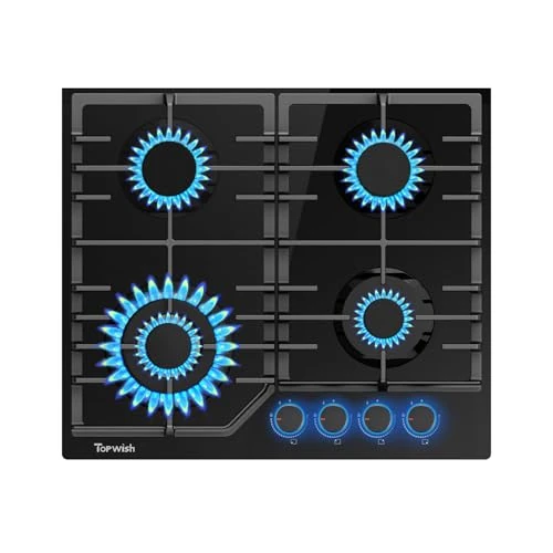 TOPWISH Gas hob, gas hob, built-in hob 60 cm with blue illuminated rotary knob, NG/LPG convertible, extinguishing protection, automatic ignition, 8000W