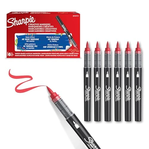 Limited offer: Sharpie Creative Marker Acrylic Paint Pens | Brush Tip Water-Based Paint Markers | Red | No-Bleed Ink Writes on Most Surfaces | School & Revision Supplies | 6 Count from 27.48 EUR to 17.38 EUR (save 37%)