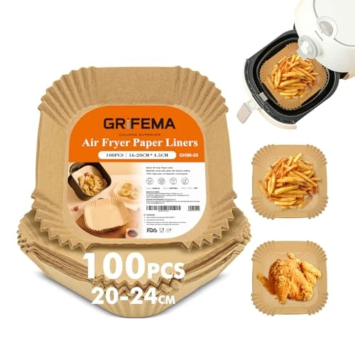 GRIFEMA Papier do frytkownicy powietrznej, bez BPA, jednorazowy, 5-8 l, kwadratowy papier do frytkownicy powietrznej, piekarnika, patelni, kuchenki mikrofalowej (100 sztuk, 20-24 cm)