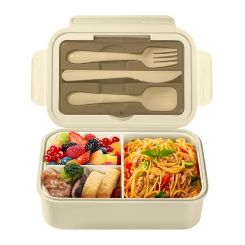 Offerta a tempo: Diboniur Lunch Box 1400 ml con 3 Scomparti e Posate, Khaki - 10% da 13.99 € a 12.63 €