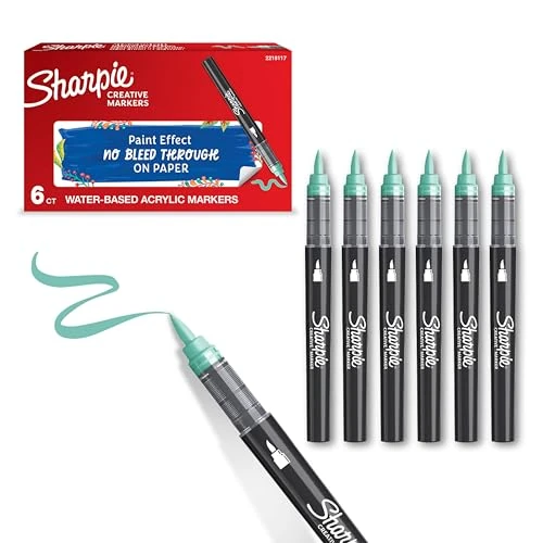 Sharpie Creative Marker Pennarelli Acrilici per Hobby Creativi | Pennarelli a base d'acqua con punta a pennello | Ideali per Fai da TeDecorazioni e Scuola | Verde Lago | 6 Pezzi