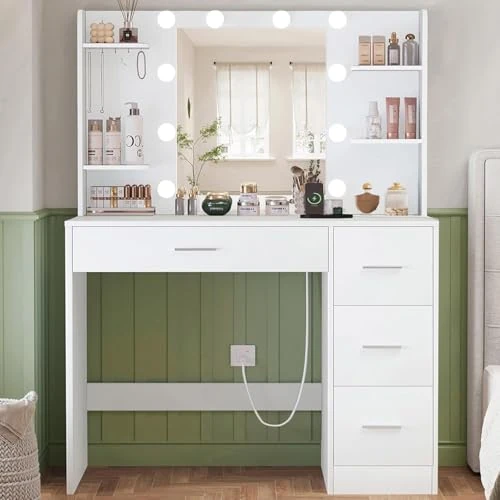 Offerta a tempo: TEENFON Toeletta Trucco con Specchio e LED Luci, 3 con Luminosità Regolabile, Postazione Trucco con Presa di Corrente, 4 Cassetti, 4 Ripiani Aperti, 5 Ganci per Gioielli, Bianco - 7% da 129.99 € a 121.37 €