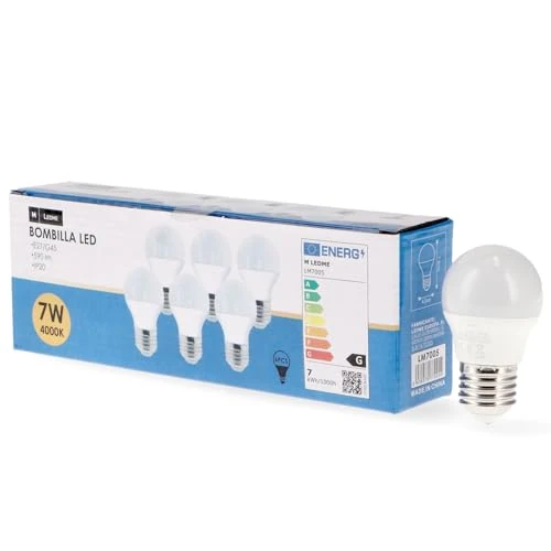 Offerta a tempo: M Ledme - Confezione da 6 lampadine LED E27 G45 7W, luce neutra (4000k), attacco E27, 630 lumen, IP20, apertura fascio luminoso 200°, efficienza energetica e basso consumo. Modello LM7604 - 24% da 8.00 € a 6.12 €
