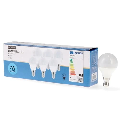 M Ledme - Pack 6, Bombilla Led E14 G45 7W, Luz fría (6000k), casquillo E14, 630 Lumen, IP20, Apertura del Haz de Luz 200°, Eficiencia energética y Bajo Consumo. LM7608