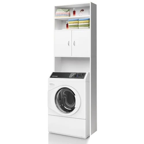 BAKAJI Mobile per Lavatrice da Bagno Lavanderia Salvaspazio, Mobiletto Armadio a Colonna, 3 Mensole e 2 Ante, Armadietto Legno Bianco per Corridoio, Design Minimal, Ripiano Capiente, 63 x 20 x 185 cm