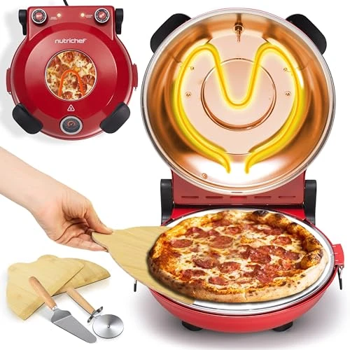 Offerta a tempo: NutriChef Forno Pizza Elettrico 30 cm con Termometro e Controllo Temperatura, Pietra Antiaderente Fino a 427 °C, per Pizza Fatta in Casa Croccante e Surgelata, per Pizzaiolo e Pizzeria, Rosso - 39% da 84.99 € a 52.05 €
