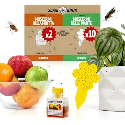 Trampas para Moscas de la Fruta y de Interior – Super Ninja, Pack de 2 Trampas con Cebo Líquido + 10 Atrapa Insectos para Plantas, Sin Tóxicos, Seguras para Niños y Mascotas, Protección hasta 3 Meses