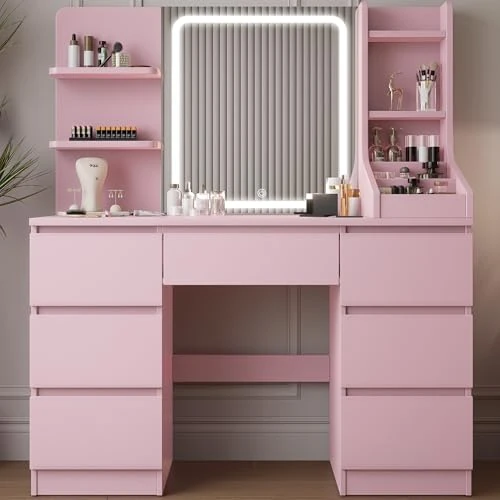 Offerta a tempo: TRIUMPHKEY Toeletta da Trucco con Luci LED,Postazione Trucco,Toletta con Specchio,Tavolo da Trucco on 4 Ripiani,7 Cassetti e 3 Scomparti Aperti,Moderna (Rosa) - 0.00% da 159.99 € a 159.99 €