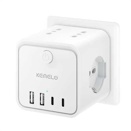 Stekkerdoos met 4 universele stopcontacten 10/16 A ITA en Schuko, meervoudige stekkerdoos met 2 USB A + 2 USB C, meervoudige contactdoos, platte stekker, ruimtebesparend met schakelaars voor thuis