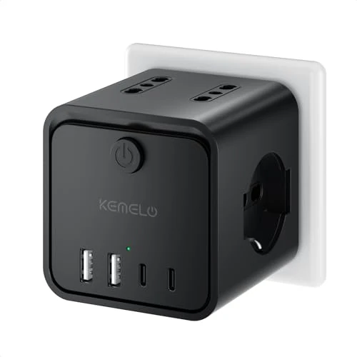 Multiprise électrique avec 4 prises universelles 10/16A ITA et Schuko, multiprise avec 2 USB A+2 USB C, prise multiple prise plate peu encombrante avec interrupteurs pour maison, bureau noir