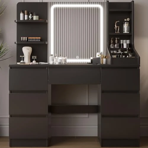 Offre limitée : TRIUMPHKEY Coiffeuse avec Miroir LED, Luminosité Réglable, Table de Maquillage avec 4 Étagères et 7 Tiroirs, Coiffeuse Moderne avec Grand Espace de Rangement (Noir) de 159.99 € à 149.99 € (6% de remise)