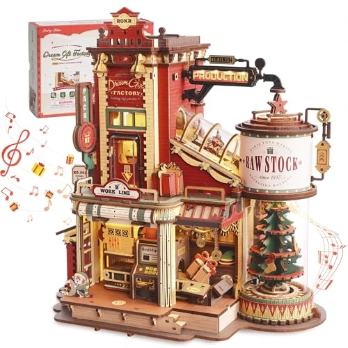 ROKR 3D Holzpuzzle Erwachsene Gift Factory 3D Puzzle Spieluhr Modellbausätze Vatertagsgeschenk für Papa Weihnachts Puppenhaus EAB01