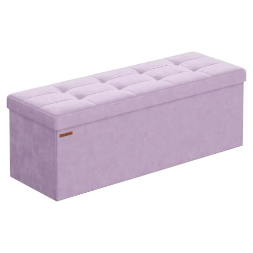 SONGMICS LSF277P01 Storage Ottoman Storage Box Folding Footstool 38 x 110 x 38 cm - Holds up to 300 kg for Living Room, Bedroom, Entrance, Light Lilac