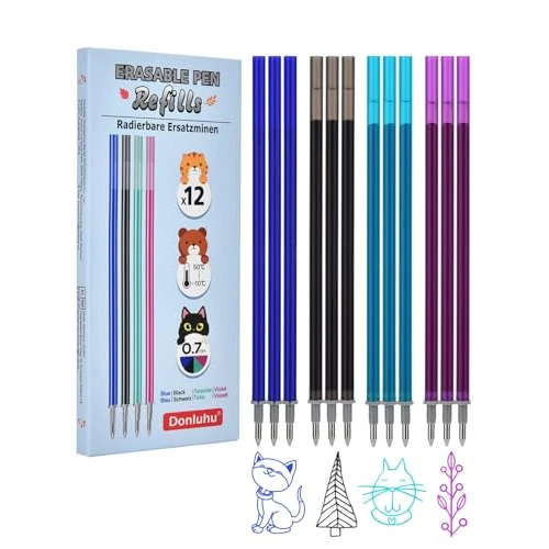 Donluhu Wymazywalny wkład do długopisu żelowego, kompatybilny z krawatami [3 niebieski, 3 czarny, 3 turkusowy, 3 fioletowy, 12 sztuk] wysokość 13 cm, końcówka 0,7 mm, szczególnie odpowiedni do szkoły