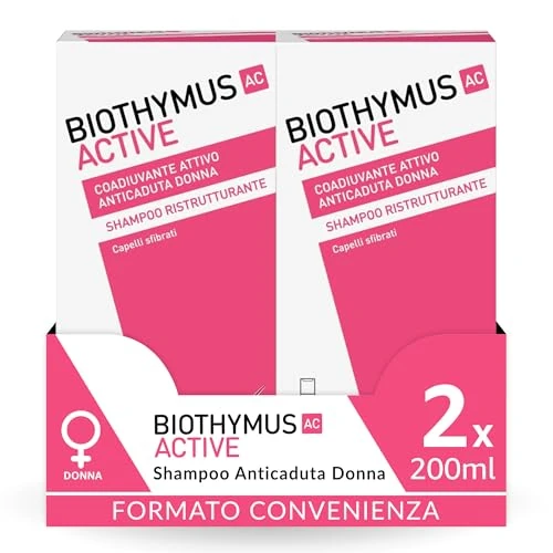Biothymus Active Donna - Champú anticaída reestructurante para cabello desfibrado, 2 paquetes de 200 ml