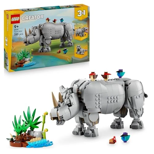 Offerta a tempo: LEGO Creator 3 in 1 Animali Selvatici: Maestoso Rinoceronte con Uccelli Giocattolo - Set con Animale Trasformabile in Ippopotamo o Tricheco - Regalo Creativo per Bambine e Bambini da 9 Anni - 31171 — 18% da 59,99 € a 49,00 €