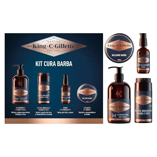 King C. Gillette Kit soin barbe pour homme, parfumé tous les jours, nettoyant 3 en 1 barbe et visage 350 ml, baume 100 ml, sérum volumisant 50 ml et crème hydratante 100 ml