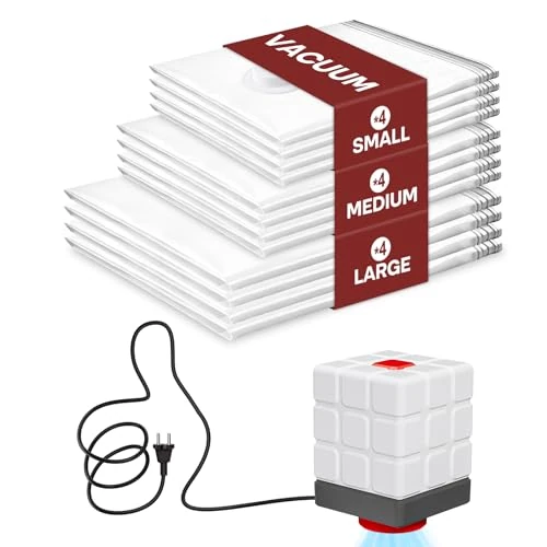 Vacbird Worki próżniowe do ubrań z elektryczną pompką powietrza, opakowanie 12 sztuk (4 małe / 4 średnie), worki próżniowe wielokrotnego użytku na kołdry, materace, koce, poduszki, pościel, do