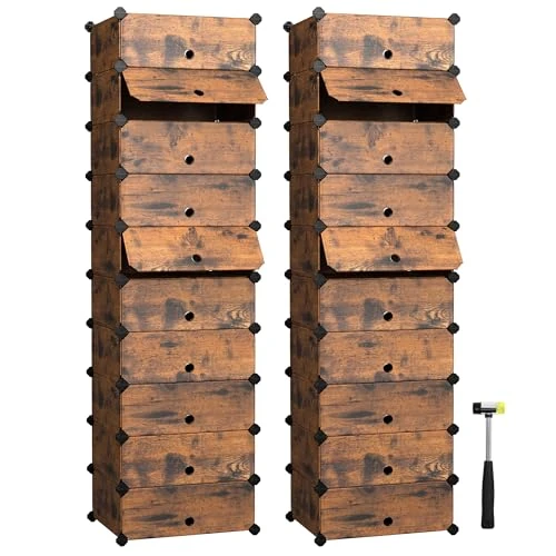 Offerta a tempo: SONGMICS Scarpiera a 10 Scomparti, Set di 2, Scaffale Componibile in Plastica, Armadietto Portascarpe Fai da Te con Ante e Martelletto, Mobiletto Porta Scarpe, Marrone Vintage LPC010A02 - 40% da 64.99 € a 38.92 €