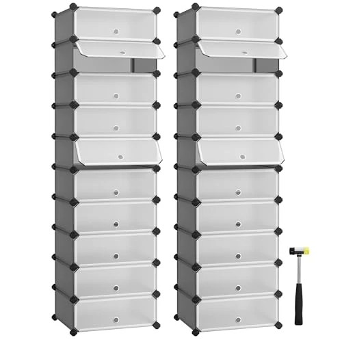 SONGMICS 10 Tier Shoe Rack Set of 2 Boltless Shelving System Shoe Organiser DIY Shelf with Door PP Plastic Grey LPC010G02