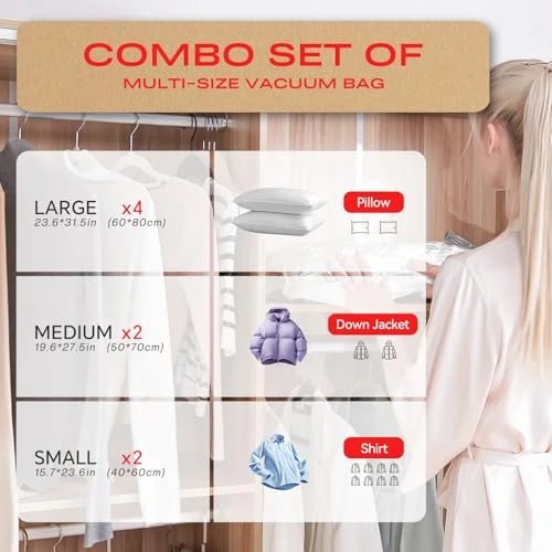 Offerta a tempo: Vacbird Sacchetti Sottovuoto Vestiti con Pompa Elettrica, Confezione da 8 (4 grandi, 2 medi, 2 piccoli), Riutilizzabile Buste Sottovuoto Vestiti per Biancheria da letto, Viaggi, Traslochi — 24% da 24,99 € a 18,99 €