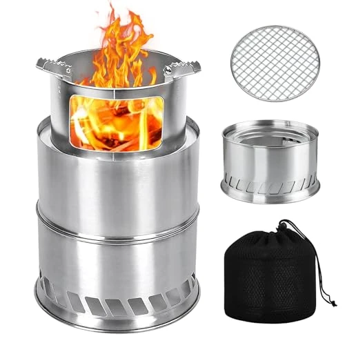 Groß Hobo Kocher Campingkocher Outdoor Kocher Aus Edelstahl, Tragbarer Edelstahl Klappbarer Holzofen, Camping Ofen Für Camping Backpacking Bushcraft 20 * 31cm Mit Grillrost und Aufbewahrungstasche