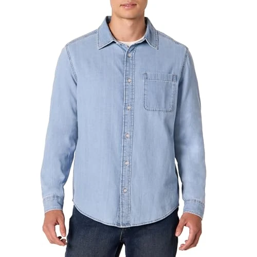 Amazon Essentials Men's Regular-Fit Long-Sleeve Button-Down Denim Shirt, Light Indigo Wash, L