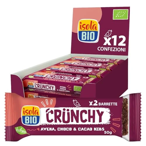 ISOLA BIO Barritas con Avena Integrale, Cioccolato e Granela de Cacao Bio, Crujiente, Fuente de Fibra, para Vegetarianos y Veganos, 12 Paquetes de 50 Gramos