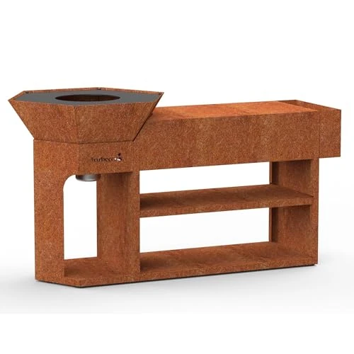 Barbecook Nestor Island Fire Bowl with Fire Plate BBQ Grill and Plancha Made of Corten Steel, 190 x 55 x 100 cm