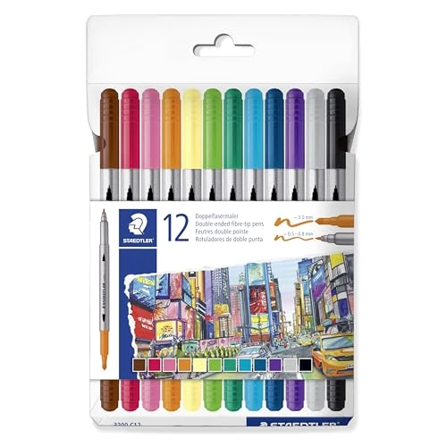 STAEDTLER Colouring Pens - Double-Ended, 0.5-3.0mm Line Width - 12 Assorted Colours - Pack of 12, 3200 C12