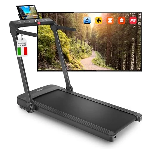 YM Elektrische loopband, 14 km/u, model Raphael, ruimtebesparend, dikte 14 cm, bluetooth, app, Kinomap ZWIFT BITGYM FITHOME, 12 programma's, compact, 2 pk (Peak 4,5 HP), garantie en ondersteuning