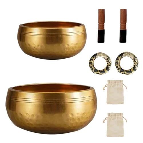 Singing Bowl with Sheepskin Stick, Washer and Storage Bag, Hand-Hammered, 13 cm, 8 cm Each, for Meditation, Yoga and Chakras, for Women and Men