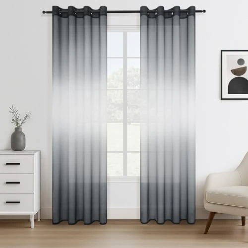 Topfinel Sheer Voile Curtains with Eyelets Living Room Modern Grey Two-Tone Transparent for Bedroom 140 x 240 cm (W x H) Set of 2 Grey