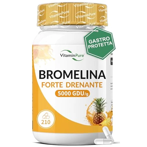 VitaminPure Bromelina Forte Drenante 5000 GDU/g Gastroprotetta, 210 cápsulas – Remedio natural para celulitis, microcirculación, antiedemigeno, desintoxicante