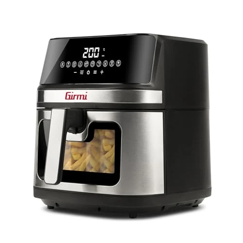 Girmi FG80 Friggitrice ad Aria 8Litri, 2200 W, Display digitale, 10 programmi, Capacità 8 Litri, Camera di cottura in metallo, Doppia resistenza, Ricettario incluso, Nero/Inox